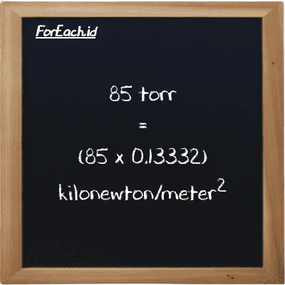 Cara konversi torr ke kilonewton/meter<sup>2</sup> (torr ke kN/m<sup>2</sup>): 85 torr (torr) setara dengan 85 dikalikan dengan 0.13332 kilonewton/meter<sup>2</sup> (kN/m<sup>2</sup>)